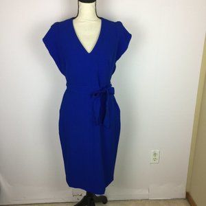 New! Eliza J Sheath Dress Sz 8 Womans Blue V-Neck Cap Sleeve Belted Stretch Knit